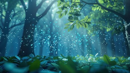 Fototapeta premium A mystical forest scene with glowing particles and lush foliage.