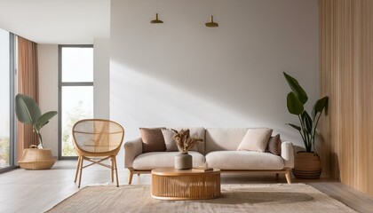 Front view on bright living room interior with empty wall