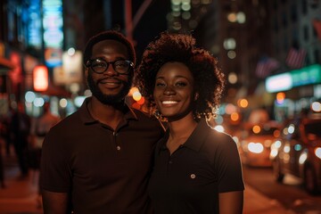 Obraz premium Portrait of a merry afro-american couple in their 30s wearing a breathable golf polo on bustling city street at night