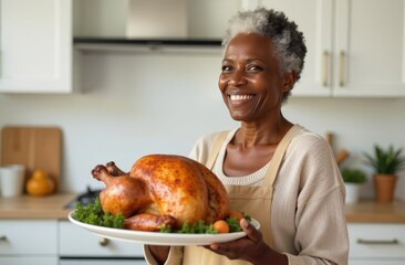Mature African American woman holds a Thanksgiving turkey in a white kitchen