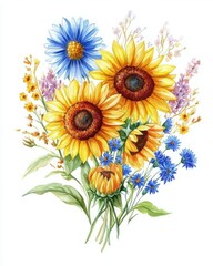 Naklejka premium Autumn Bouquet of Sunflowers and Cornflowers in Watercolor Painting