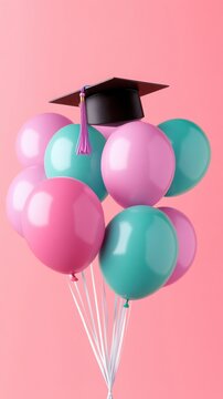 Colorful graduation balloons with a cap, symbolizing achievement and celebration for graduates on a pastel background.