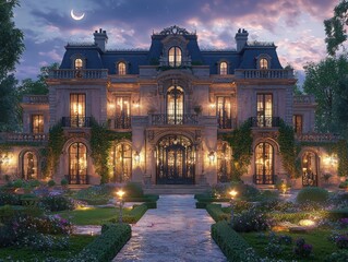 Fototapeta premium Explore the enchanting french chateau adorned with intricate iron lanterns amidst lush gardens