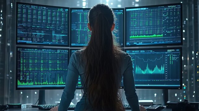 Professional Woman Analyzing Data on Multiple Monitors in a Modern Office Environment with Advanced Graphical User Interfaces for Financial Analysis