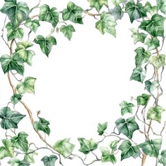 Fototapeta premium Botanical Ivy Frame. Watercolor Illustration of Lush Ivy Branches and Leaves on White Background