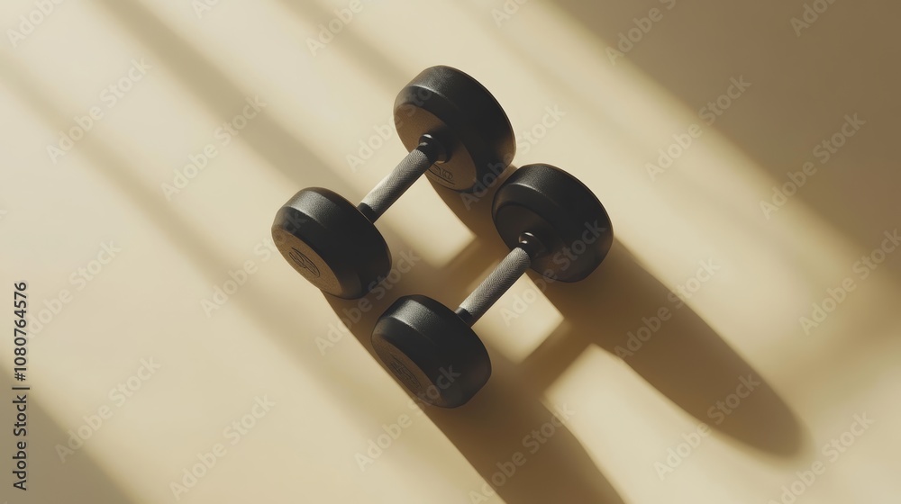Poster Two black dumbbells are placed on a beige surface, casting long shadows from a window, creating a minimalist fitness scene