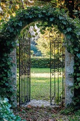 Obraz premium Enchanted Garden Gate with Ivy. Watercolor Painting Framing Nature's Intricate Beauty