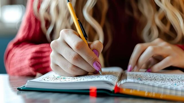 Writing in notebook with pen, woman with curly hair showcases creativity and focus, as her hands elegantly capture essence of education and study.