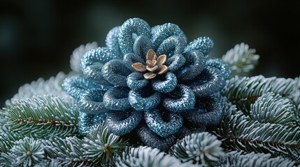 Glittering pinecone artfully displayed on frosty evergreen branches