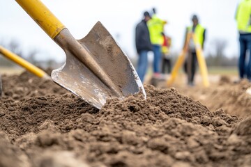 Close-up of shovels breaking ground, signifying new beginnings and construction progress in a ceremonial milestone of development and aspirations.