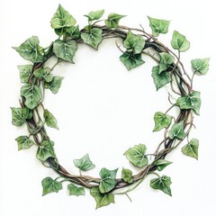 Fototapeta premium Hand-Drawn Ivy Branch Frame. Watercolor Illustration of Green Foliage on White Background