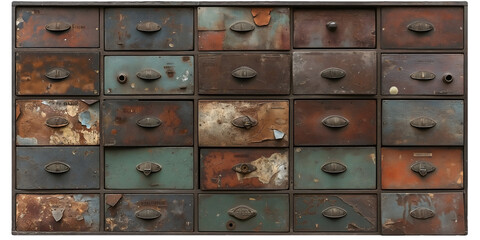 Retro rusty cabinet with small drawers , metal handles isolated on a transparent background.