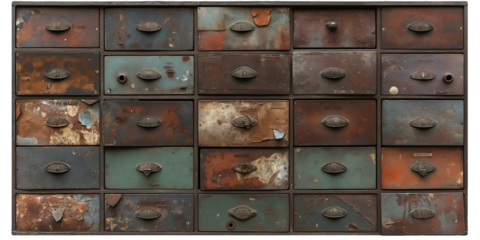 Retro rusty cabinet with small drawers , metal handles isolated on a transparent background.