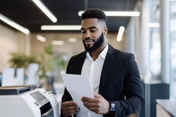 man printing something on copy machine in modern office