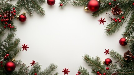 frame of red chrismtas background with snowy christmas tree branches