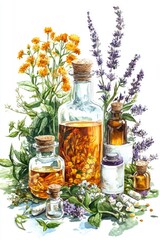 Herbal Remedies for Wellness. Hand-drawn Watercolor Herbal Collection for Homemade Tea and Alternative Medicine