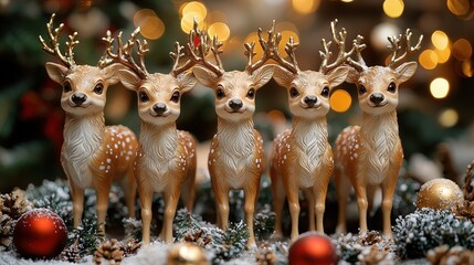 Charming festive reindeer figurines with golden antlers amid a magical christmas setting