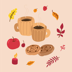 Cozy autumn set elements in flat graphic design. Bundle of two cups with coffee, cinnamon buns, apple, warm candle and red, orange and yellow leaves. Fall composition. Vector illustration isolated.
