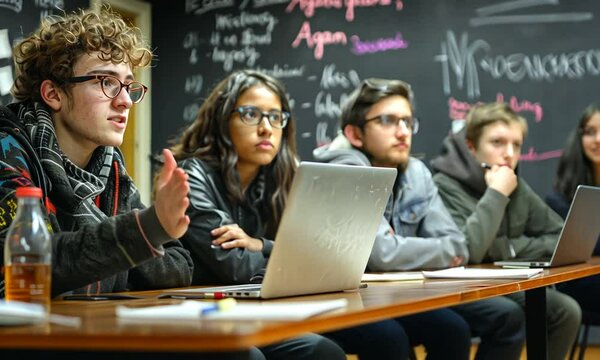 A group of students engaged in a discussion around a laptop in a classroom setting.