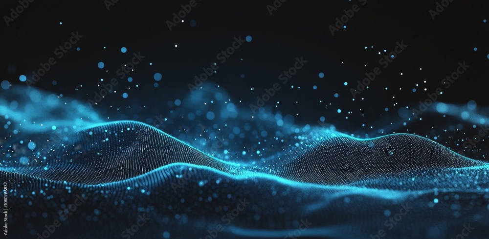 Poster a futuristic wireframe in a wave shape and moving in a wavy motion is shown. the dots and triangles 