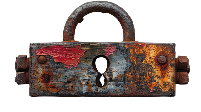Rusty iron lock Isolated On PNG Transparent Background And White