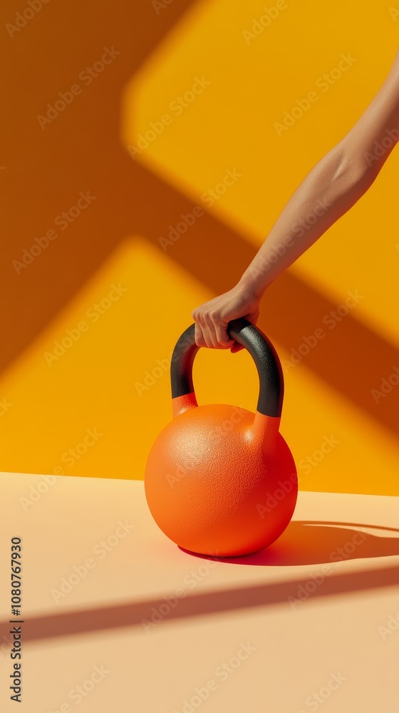 Poster hand holds an orange kettlebell against a vibrant yellow and peach backdrop, creating a dynamic visu
