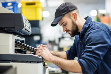man worker repairing printer in business office