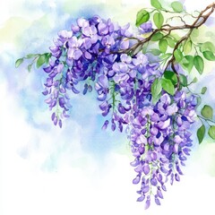 Watercolor Wisteria Blossom. Hand Drawn Floral Illustration in Violet and Blue Tones