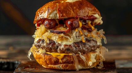 Savory Pretzel Burger with Bratwurst and Sauerkraut Generative AI