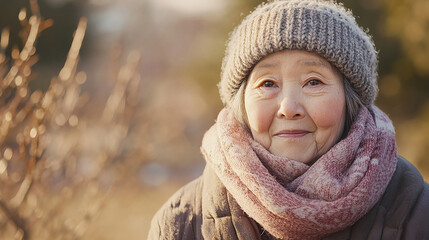 An elderly Japanese person warmly dressed