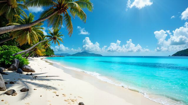 Tropikalna plaża z białym piaskiem, turkusową wodą i palmami pochylonymi nad brzegiem. Na horyzoncie łodzie, a niebo zdobią puszyste chmury. Spok&oacute;j, harmonia i rajski klimat.