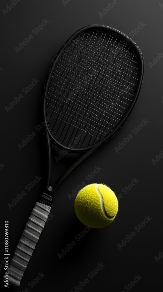 Aufkleber tennis racket and ball lying on a dark gray background creating a stylish and minimalist composition