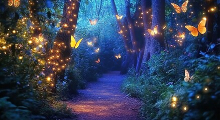 
 A whimsical fairy forest with twinkling lights, glowing butterflies