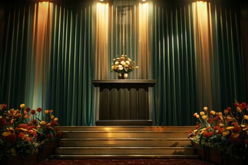 A beautifully arranged floral bouquet on a stage with elegant lighting and luxurious curtains, creating a formal and sophisticated atmosphere.