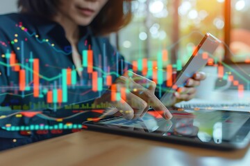 Businesswoman Analyzing Financial Data on Tablet While Using Smartphone in Modern Office Environment with Stock Market Graph Overlaid on Image