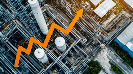 energy stock gas. Aerial view of an industrial facility showcasing pipelines and smokestacks, highlighted by an upward trend arrow representing growth or progress.