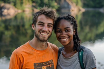 Obraz premium Portrait of a smiling mixed race couple in their 20s sporting a technical climbing shirt isolated on serene lakeside view