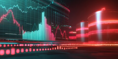 energy stock gas. A vibrant, digital representation of fluctuating financial data, showcasing graphs, charts, and light patterns in blue and red hues against a dark background.