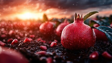 A vivid, close-up image of ripe pomegranates in a garden, illuminated by sunlight, depicting abundance and fertility, capturing the essence of harvest and nature.