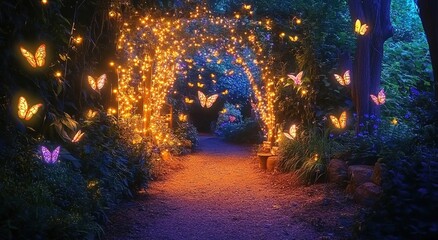 
 A whimsical fairy forest with twinkling lights, glowing butterflies