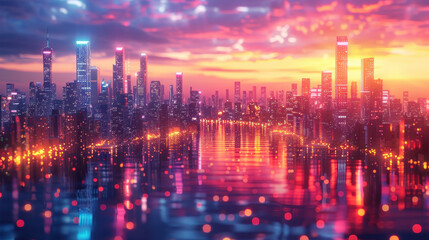 Fototapeta premium A captivating view of a futuristic city during sunset, where colorful lights from skyscrapers reflect in the serene water, creating a mesmerizing atmosphere