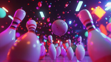 A bowling ball hangs in the air above a lane full of pins, glowing with neon light.