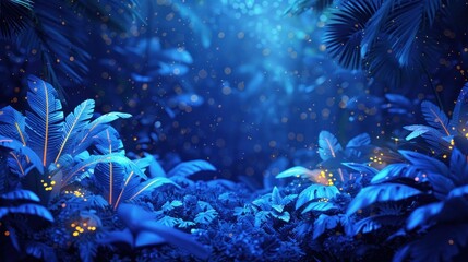 Obraz premium A dark, mysterious jungle with glowing leaves and bokeh lights.