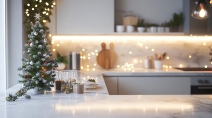Modern kitchen with marble counters, a small Christmas tree, and festive lights adding warmth to the holiday scene.