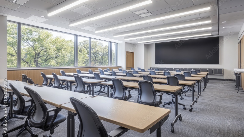 Poster a classroom with rows of tables and chairs, ready for a lecture or meeting. the large screen at the 