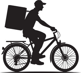 Delivery man on cycle with package silhouette vector illustration on white background
