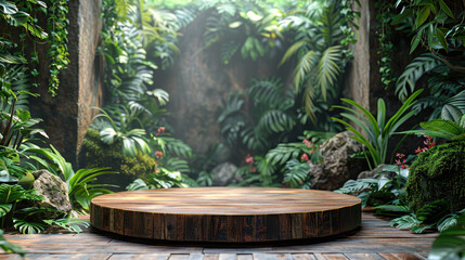 A tranquil wooden stage set amidst a lush green forest, surrounded by vibrant foliage, rocks, and soft light filtering through leaves, perfect for artistic displays