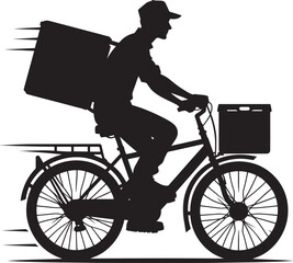 Delivery man on cycle with package silhouette vector illustration on white background