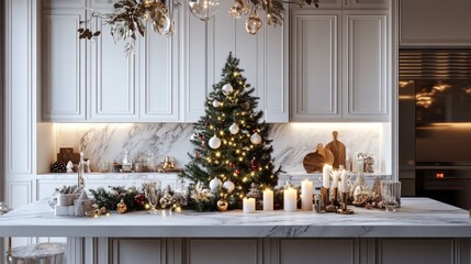 White marble kitchen island with a Christmas tree centerpiece, surrounded by holiday decor and soft candlelight.