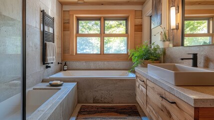 Fototapeta premium A modern bathroom with a freestanding tub, a large window, and a wooden vanity. The bathroom features a neutral color palette with warm wood tones.